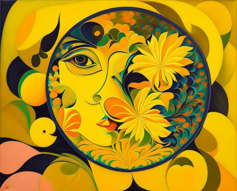 Colorful Abstract Painting: Stylized Woman's Face with Floral Patterns