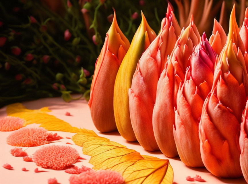 Colorful tulip-like flowers in bloom with soft focus background and yellow leaves.