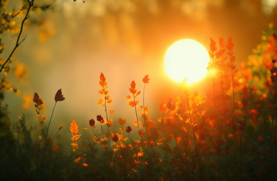 Tranquil sunset illuminating wildflowers and foliage