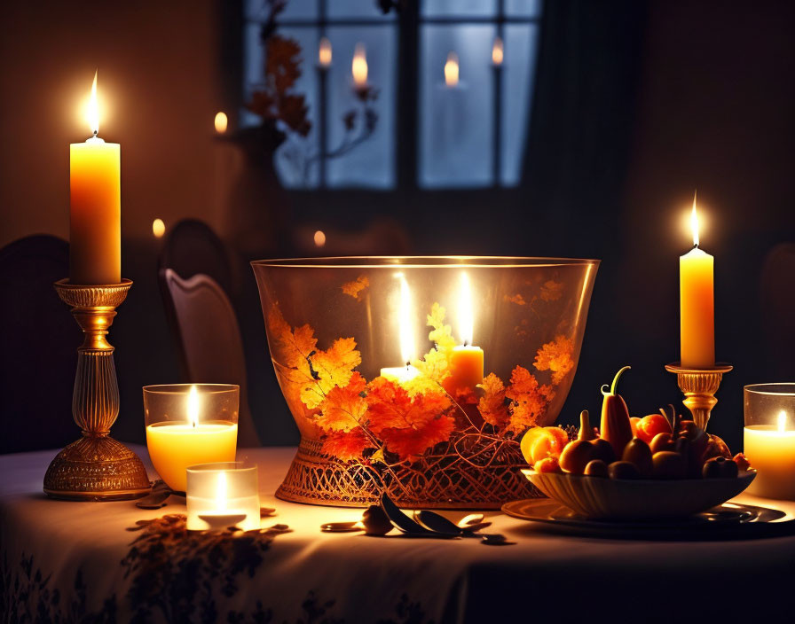 Warm Autumn Table Decor with Candles, Leaves, and Fruits