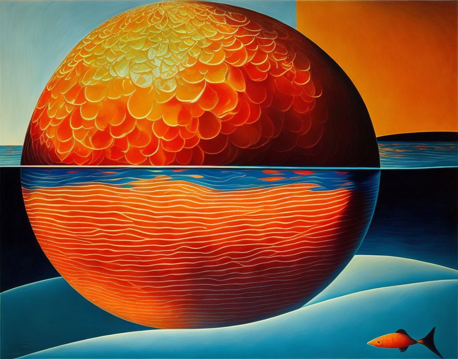 Textured spherical object floats on water with fish and horizon against orange backdrop