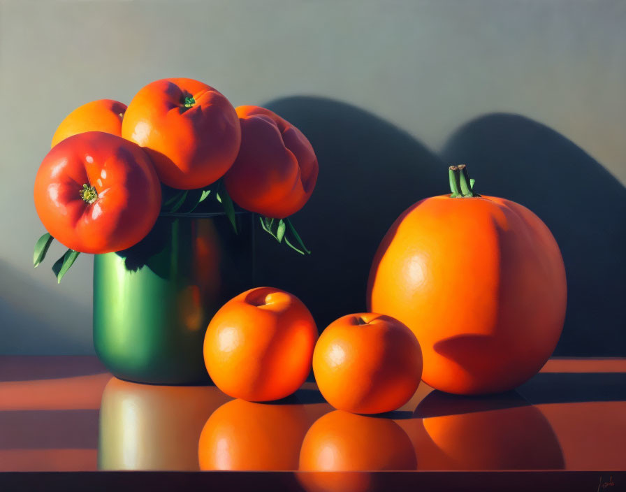 Realistic Still-Life Painting of Ripe Tomatoes on Reflective Surface