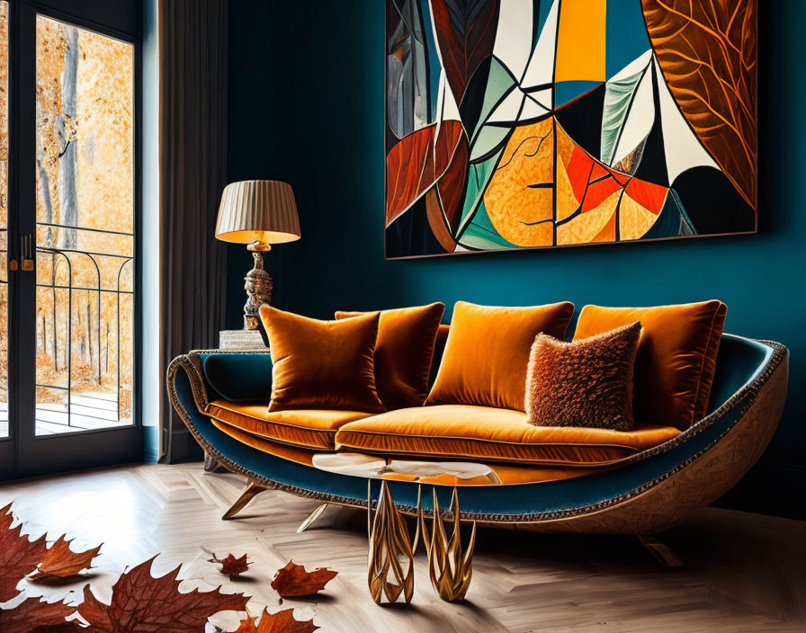 Vibrant orange sofa, artistic wall art, autumn leaves, fall foliage view