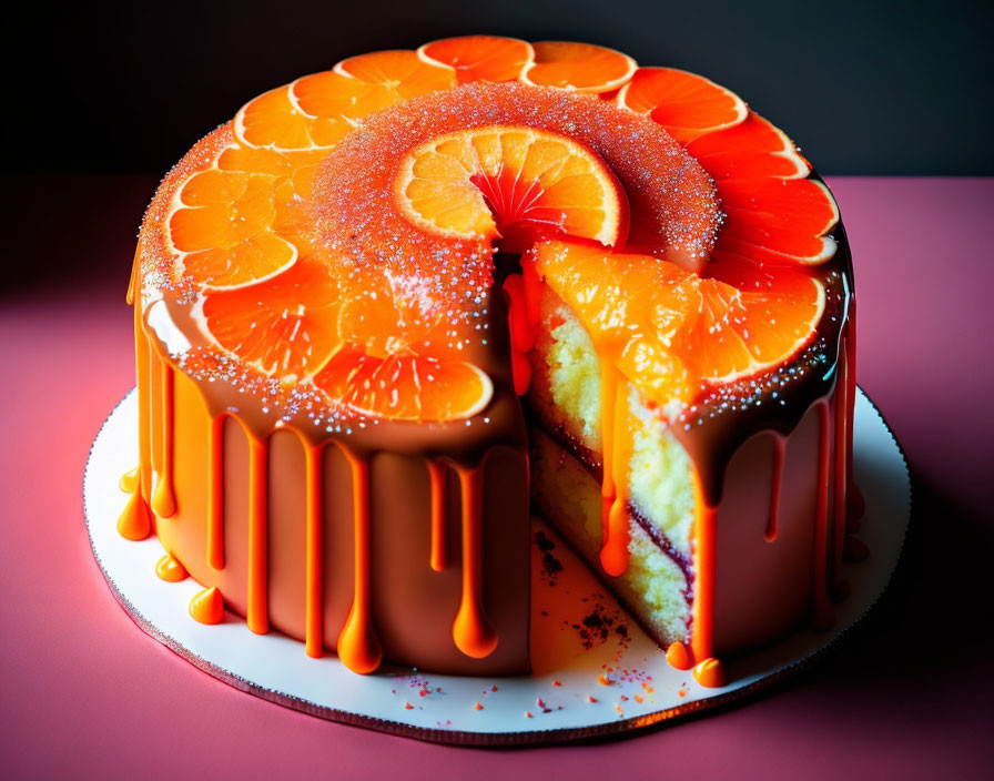 Orange-Flavored Cake with Glaze, Slices, and Sugar Decoration