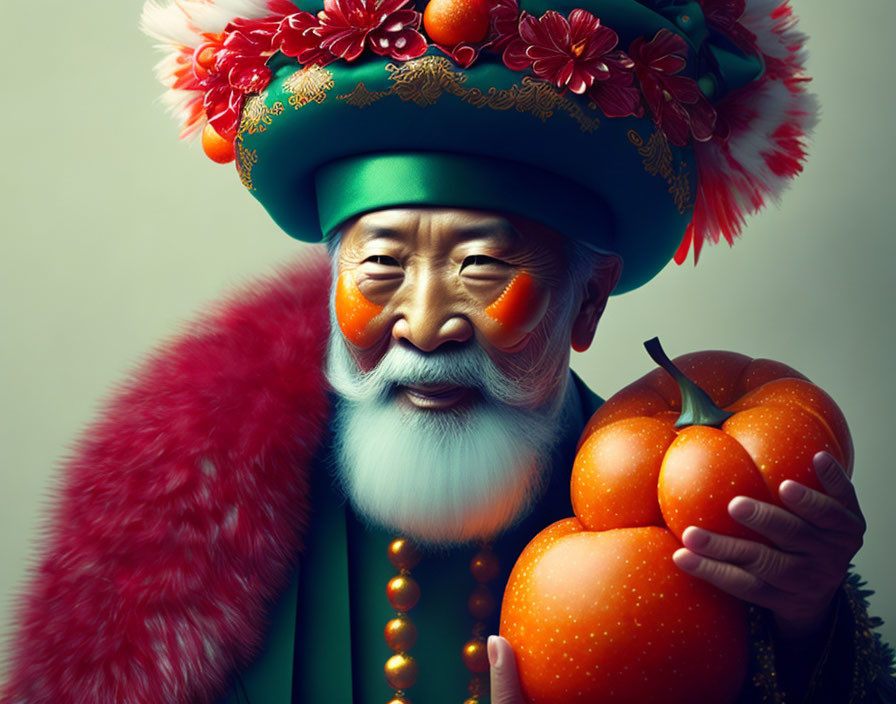 Elderly man in colorful traditional attire holding ripe persimmon