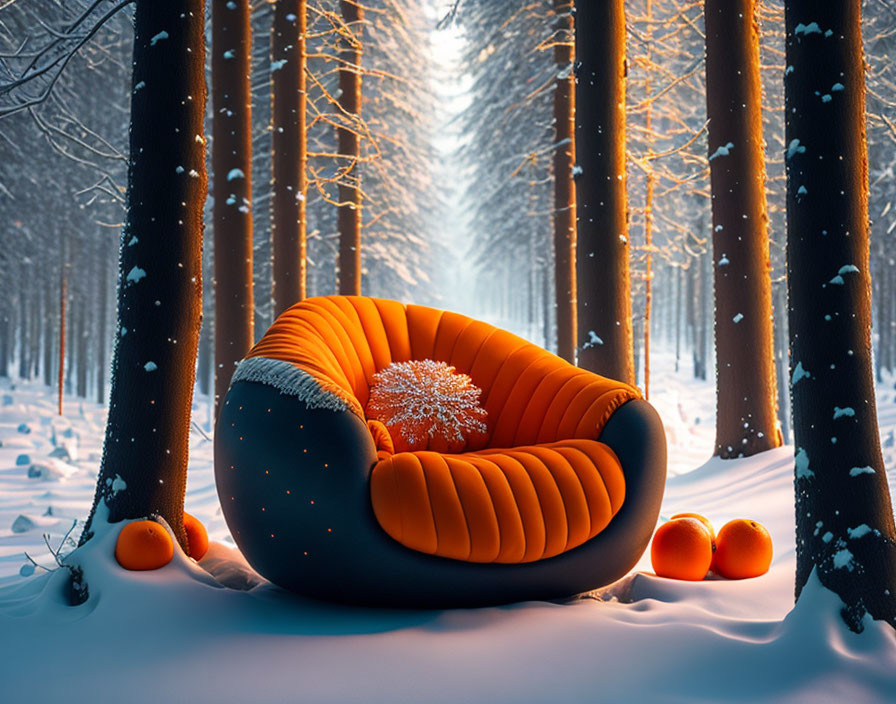 Orange Armchair in Snowy Forest with Matching Decor