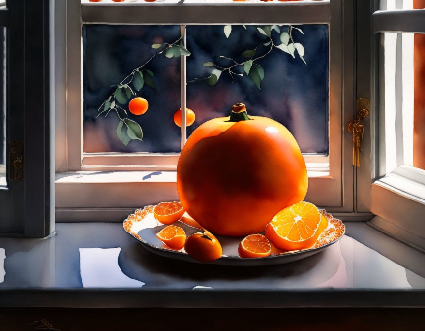 Colorful painting of large orange on plate with slices, sunny window, and orange tree.