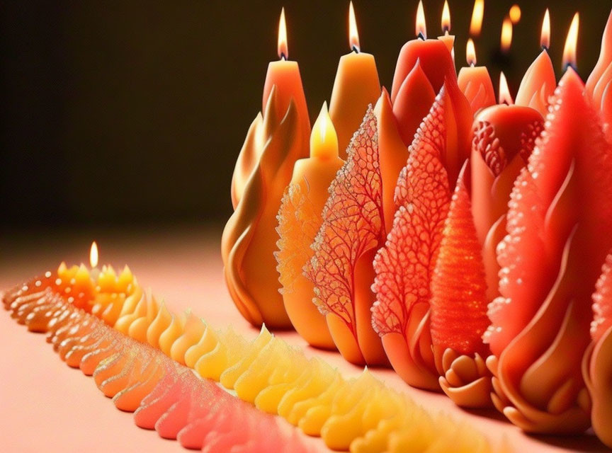 Multicolored leaf-like designed candles on soft pink surface