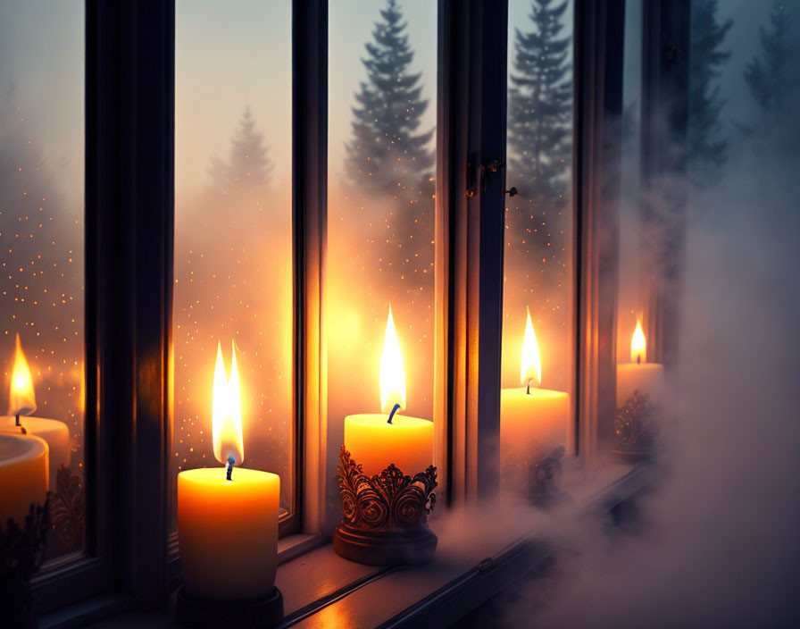 Flickering candles on windowsill with snowy tree view