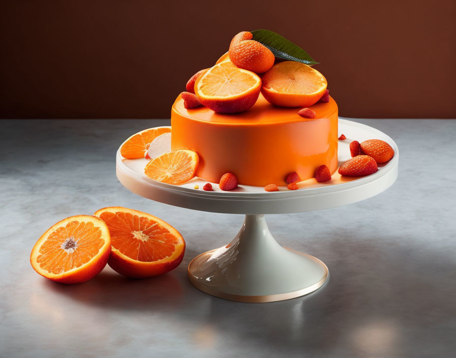 Orange Cake with Citrus Slices and Almonds on White Stand