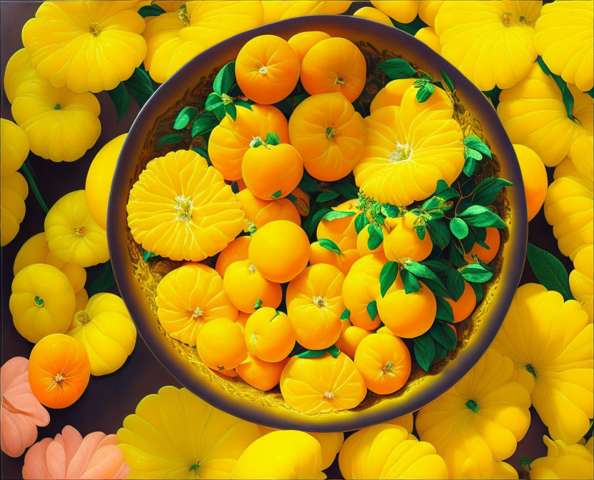 Bowl of Vibrant Orange Citrus Fruits with Yellow Blossoms