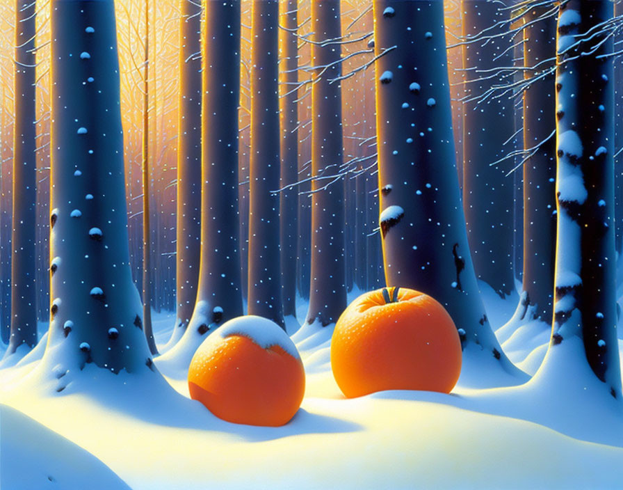 Oranges in Snowy Forest with Winter Sunset