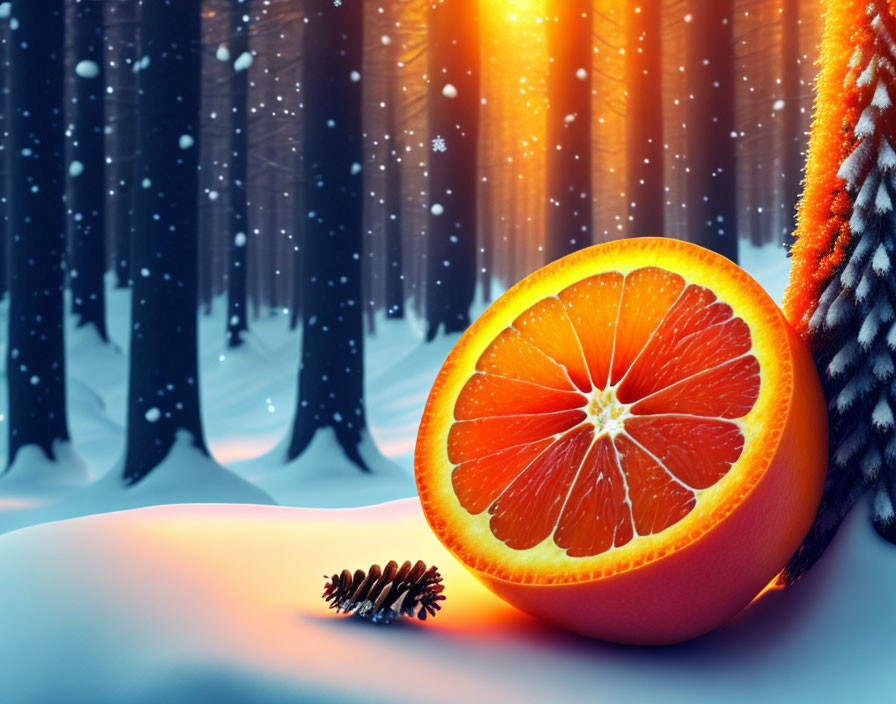 Sliced orange on snowy surface with pine cones in wintery forest