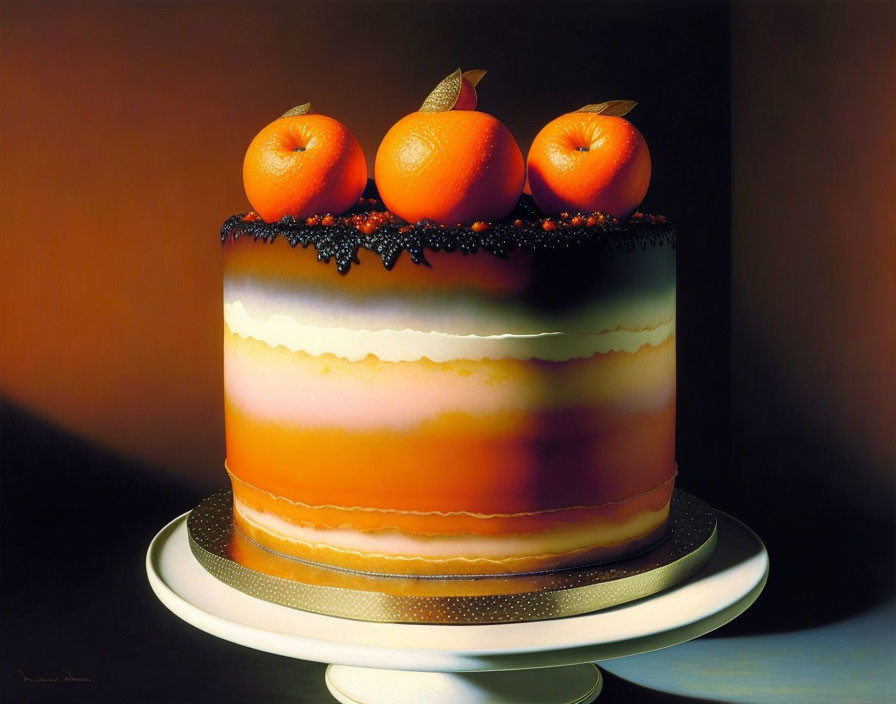 Realistic tiered ombre cake with blackberries and oranges on plate against dark background