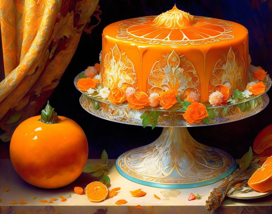 Elegant orange-themed cake with citrus decorations and persimmon display