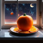 Colorful painting of large orange on plate with slices, sunny window, and orange tree.