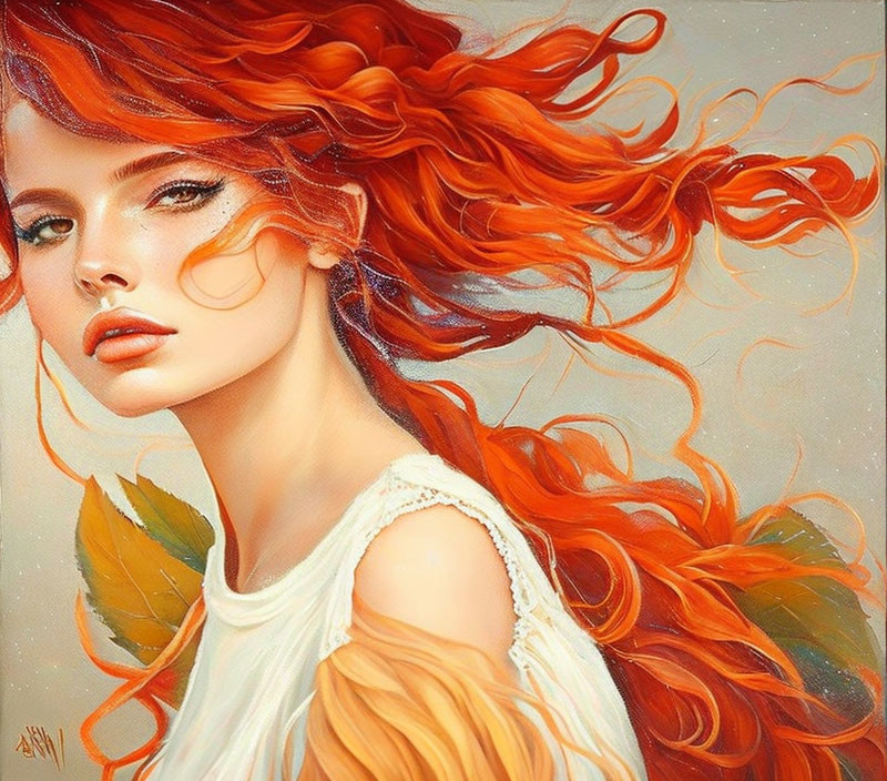 Portrait of Woman with Flowing Red Hair and Serene Expression on Warm Background with Leaf Motifs