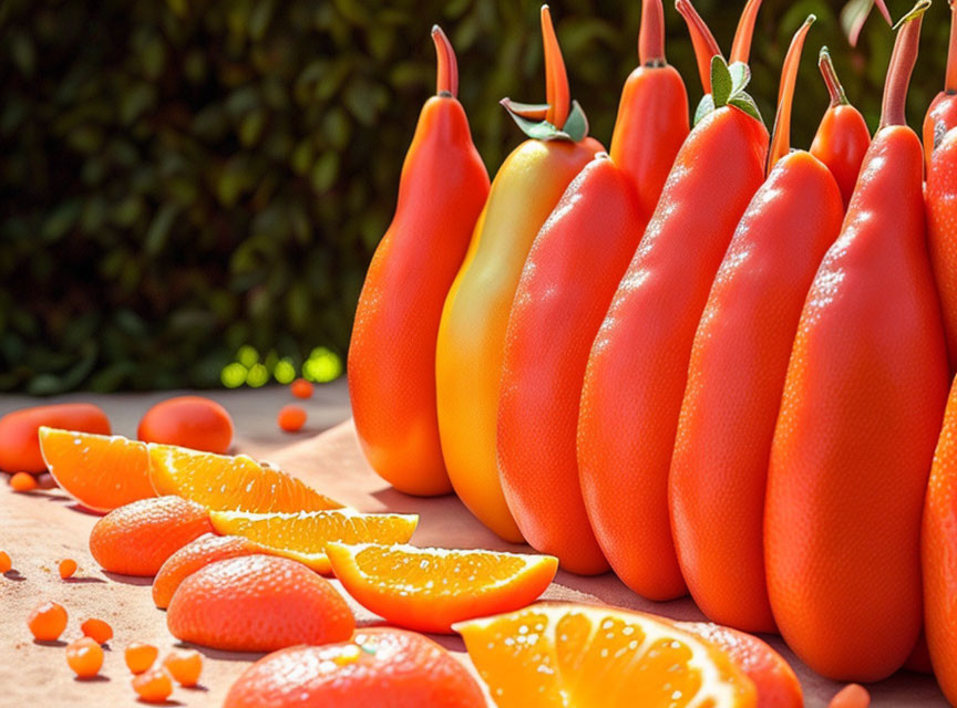 Ripe orange papayas on table with fruits scattered around