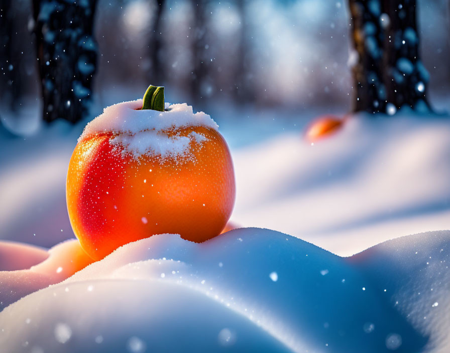 Snow-dusted orange persimmon in wintry landscape with sunlight filtering through trees