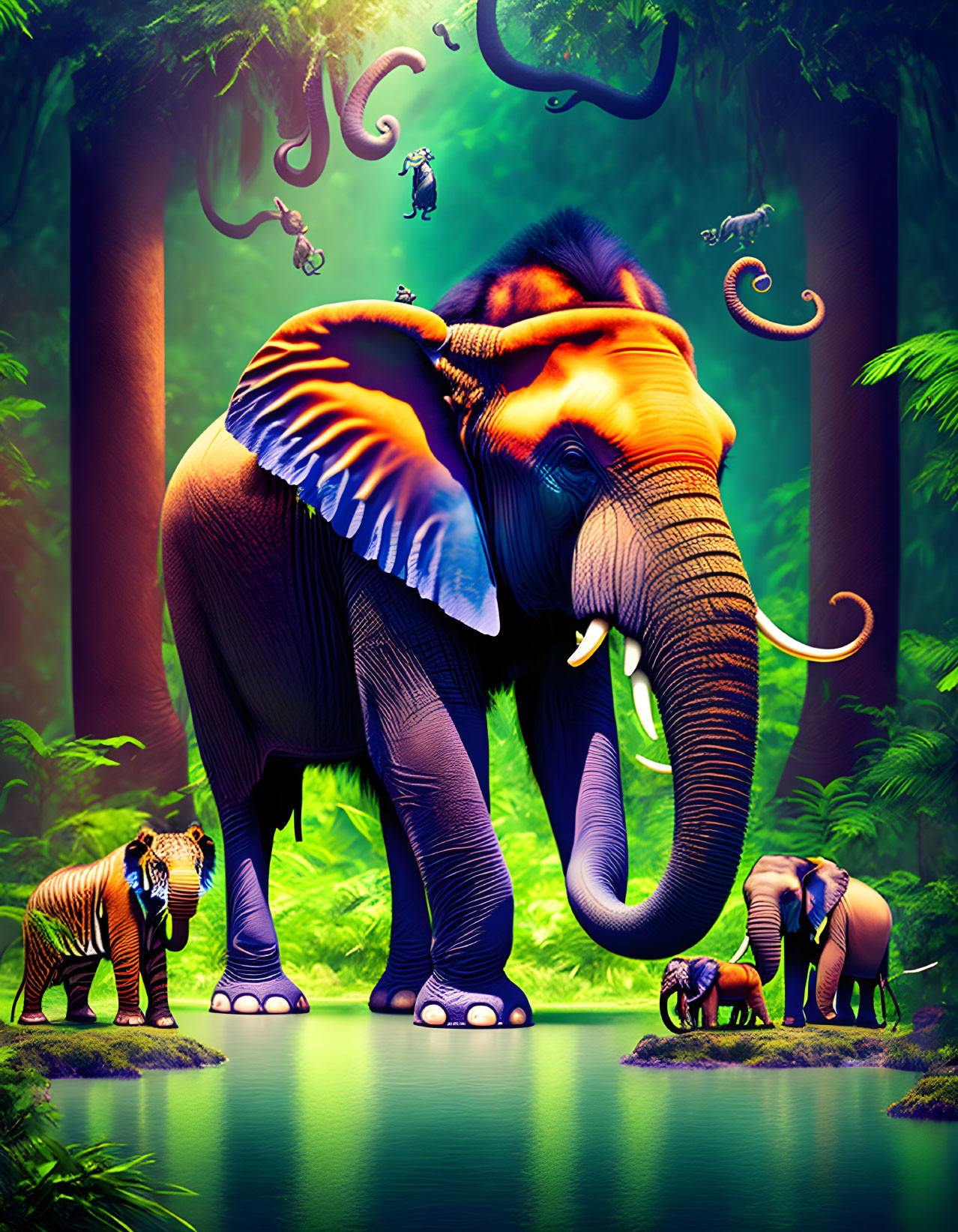 Colorful digital art: Colossal elephant with smaller ones in magical jungle