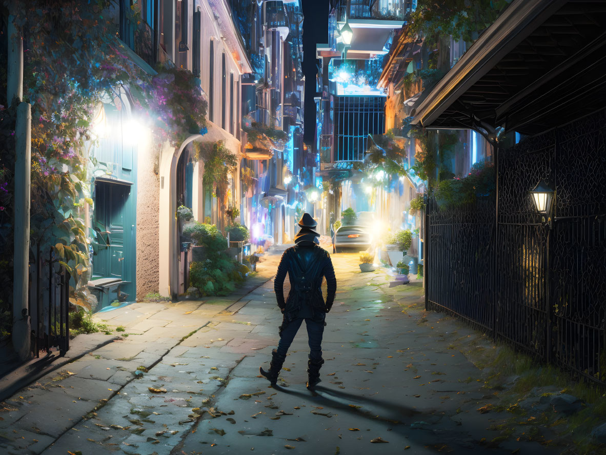 Man in hat stands in narrow, illuminated alley at night