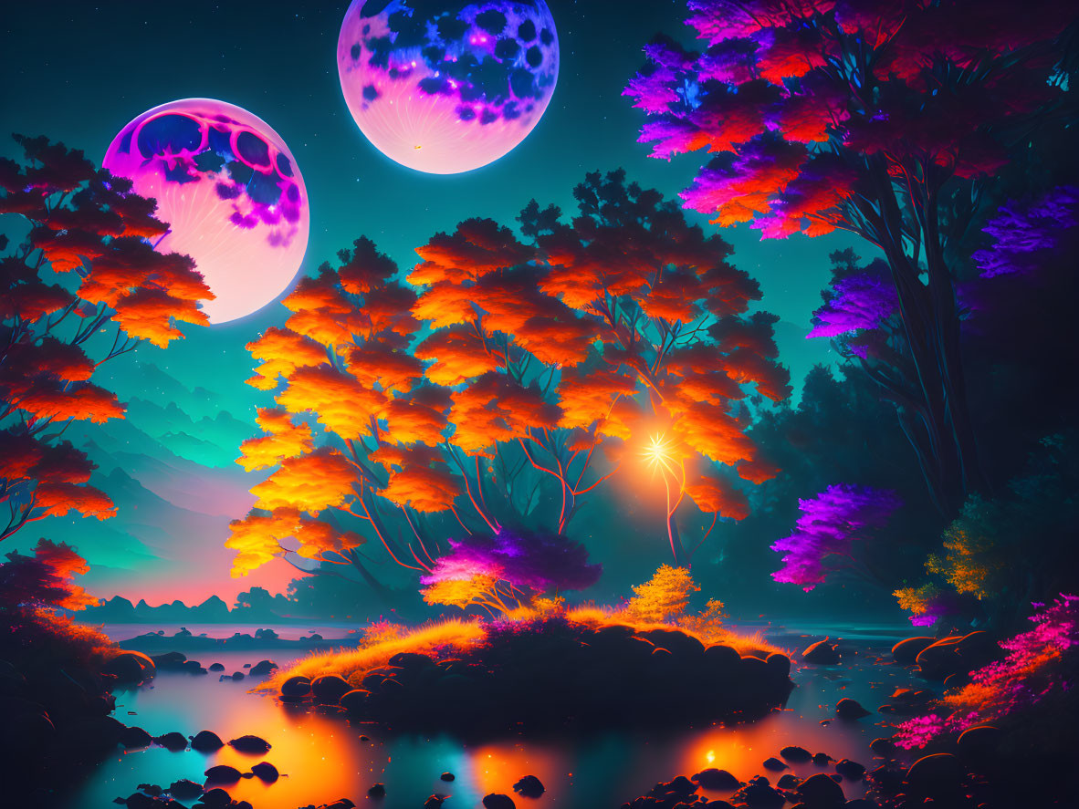 Fantasy landscape with two moons, glowing trees, and starlit sky