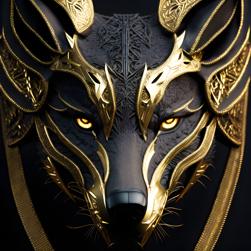 Digital art image of a wolf with glowing eyes and golden headgear on dark background