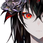 Close-up of female with intense red eye and floral headpiece on dark backdrop