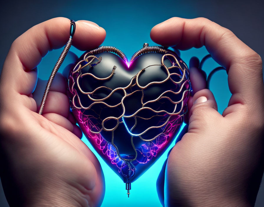 Mechanical heart held by two hands with intricate gears and glowing blue core