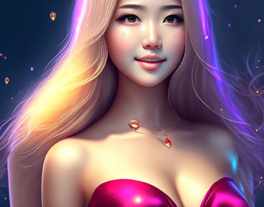 Digital illustration: Woman with flowing purple hair, pink top, surrounded by sparkles and glowing lanterns