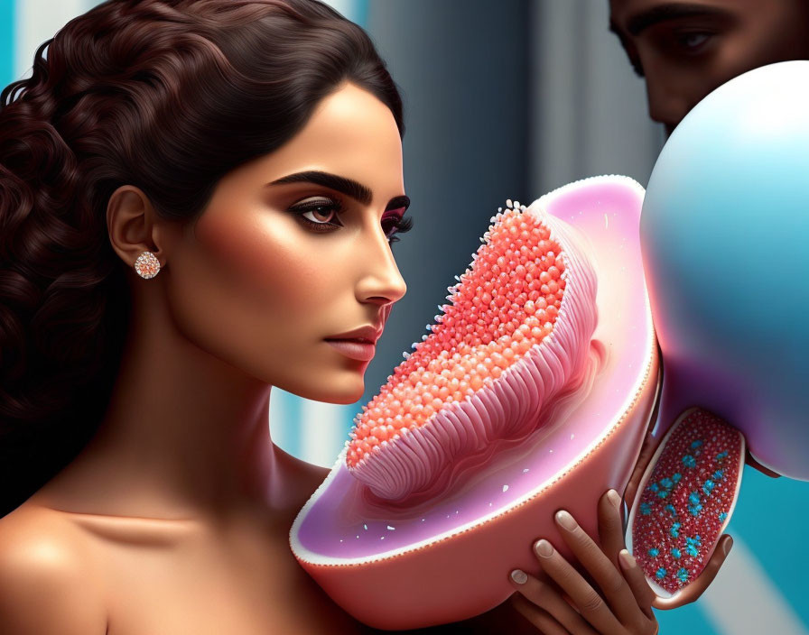 Detailed makeup woman and man with oversized ice cream cone in digital artwork