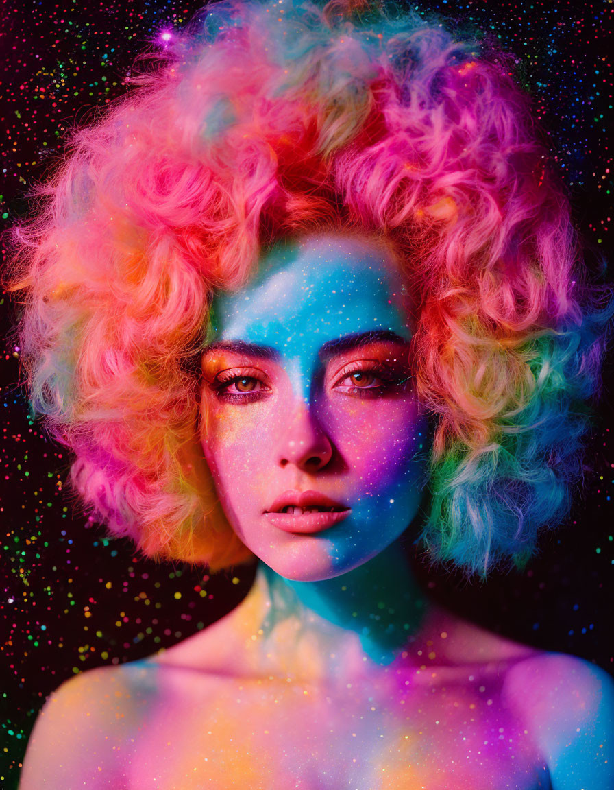 Colorful-haired woman with glittery makeup on dark, starry backdrop