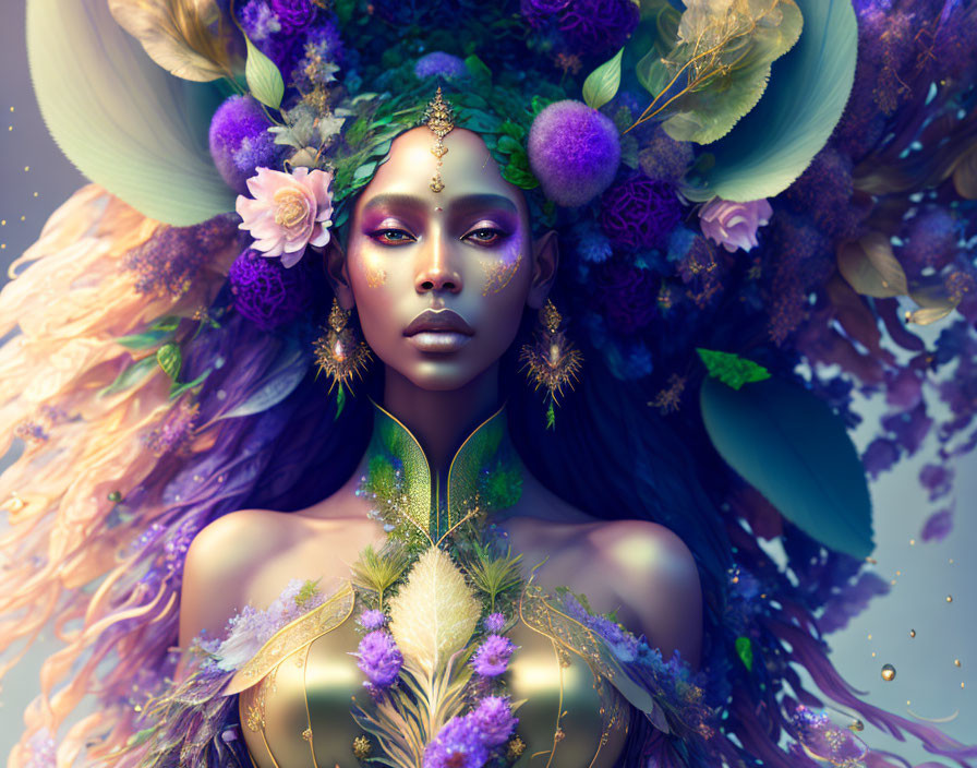 Ethereal Woman with Floral Headdress and Gold Jewelry Among Purple Flowers