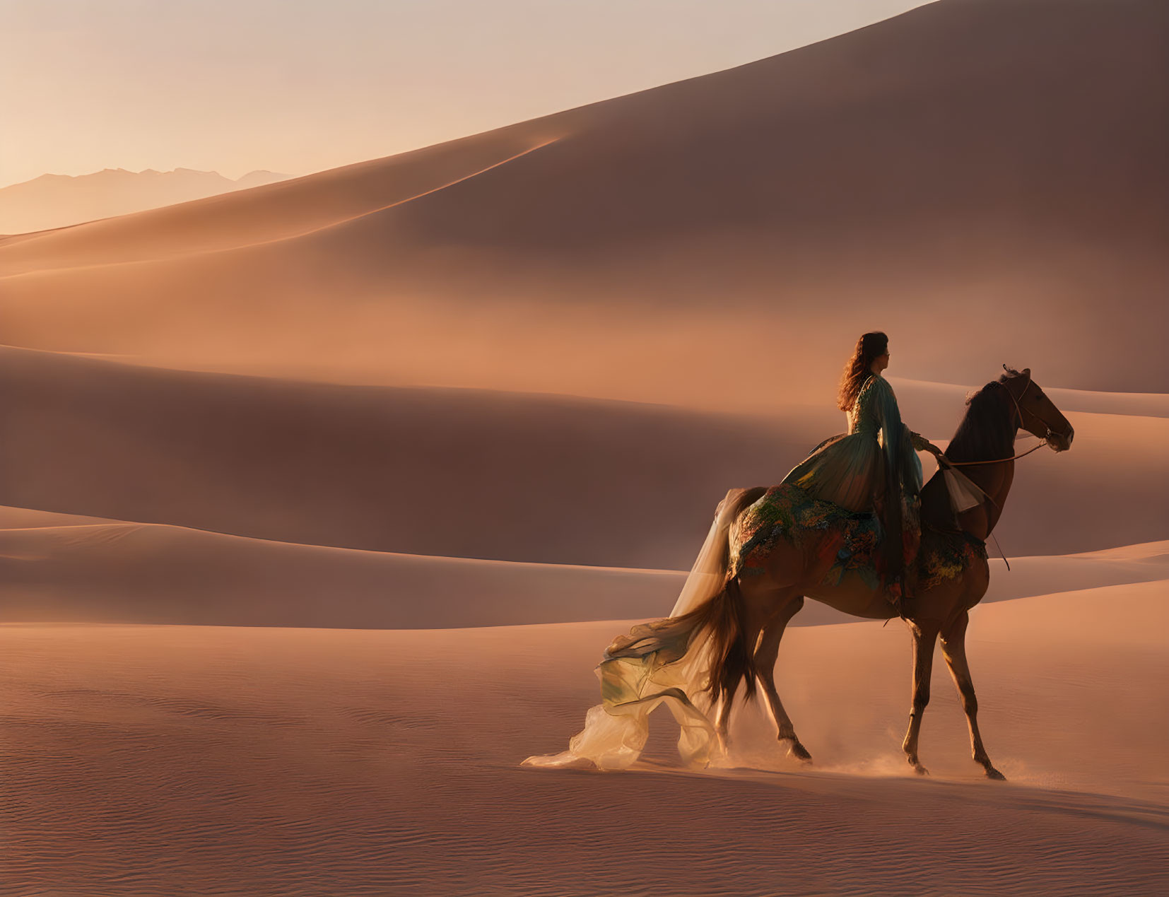 Person in Green Attire Riding Horse Across Desert at Sunrise/Sunset