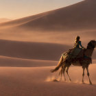 Person in Green Attire Riding Horse Across Desert at Sunrise/Sunset