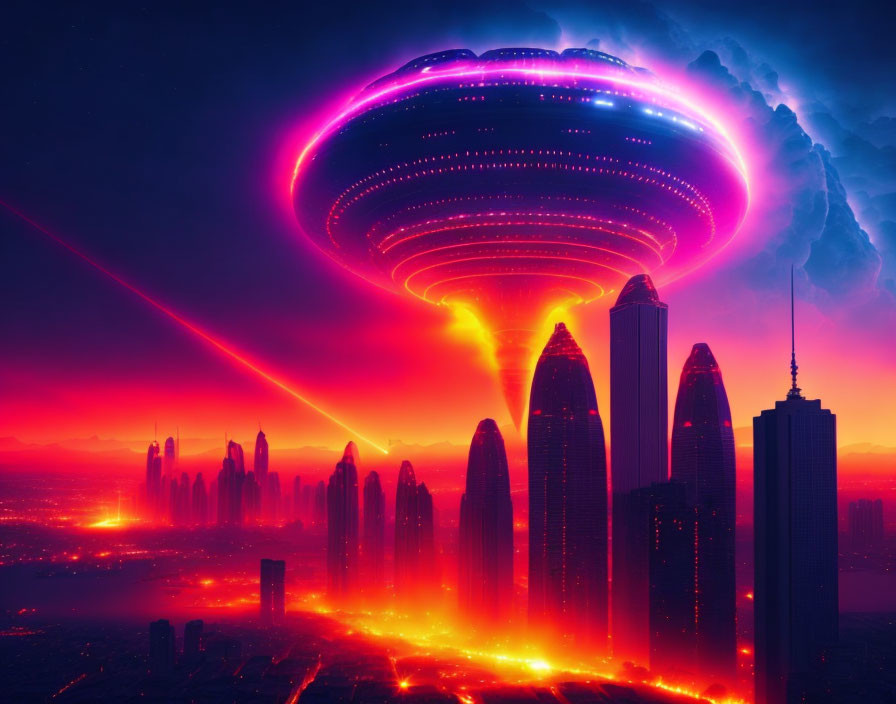 Futuristic cityscape with glowing lava rivers under alien spaceship and ominous clouds