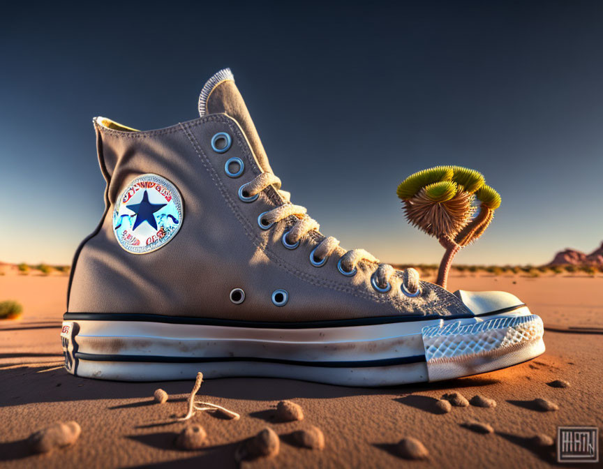 High-top sneaker on desert surface with peculiar tree and expansive sky