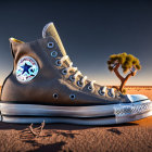 High-top sneaker on desert surface with peculiar tree and expansive sky