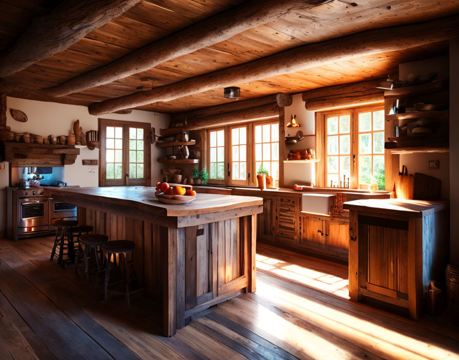 Rustic Wooden Kitchen Interior with Central Island & Pottery Shelves