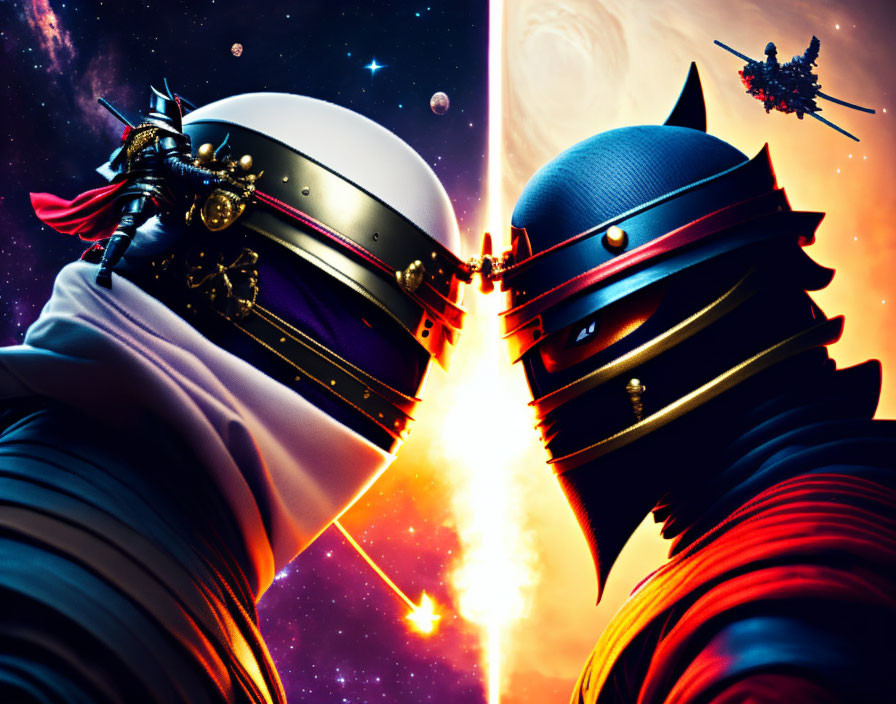 Stylized helmeted warriors in close encounter with cosmic backdrop.