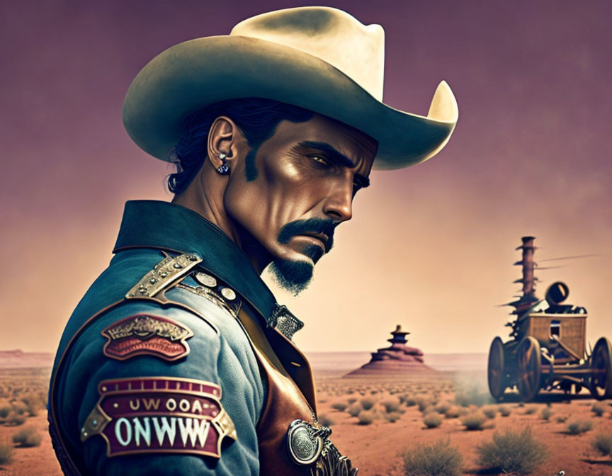 Cowboy illustration with large hat and mustache in desert setting.