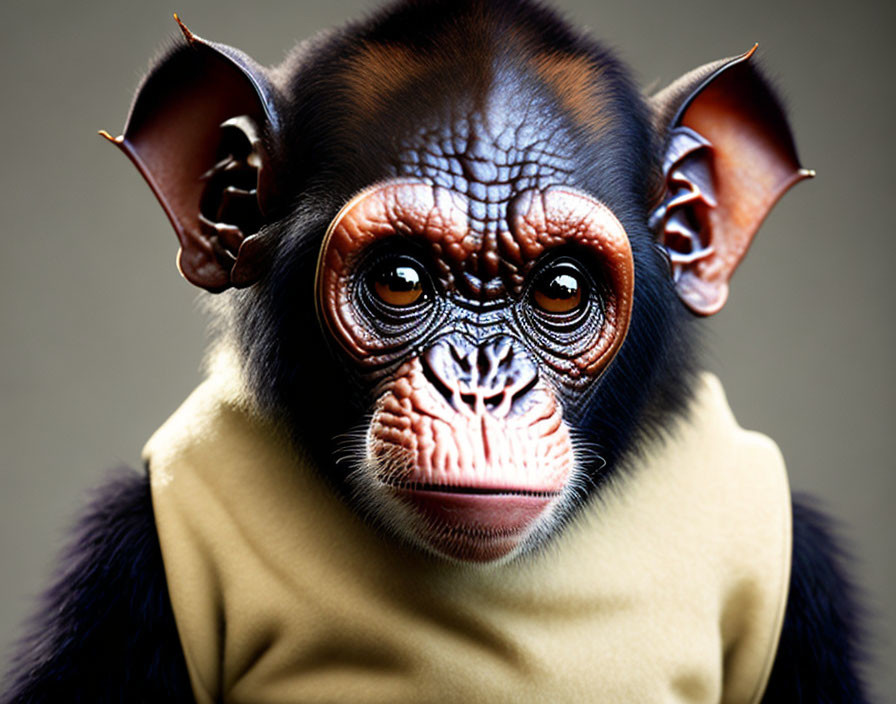 Anthropomorphic monkey digital artwork with human-like eyes and yellow garment