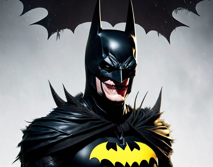 Batman Costume with Stylized Bat Logo and Distorted Vampire-Like Face