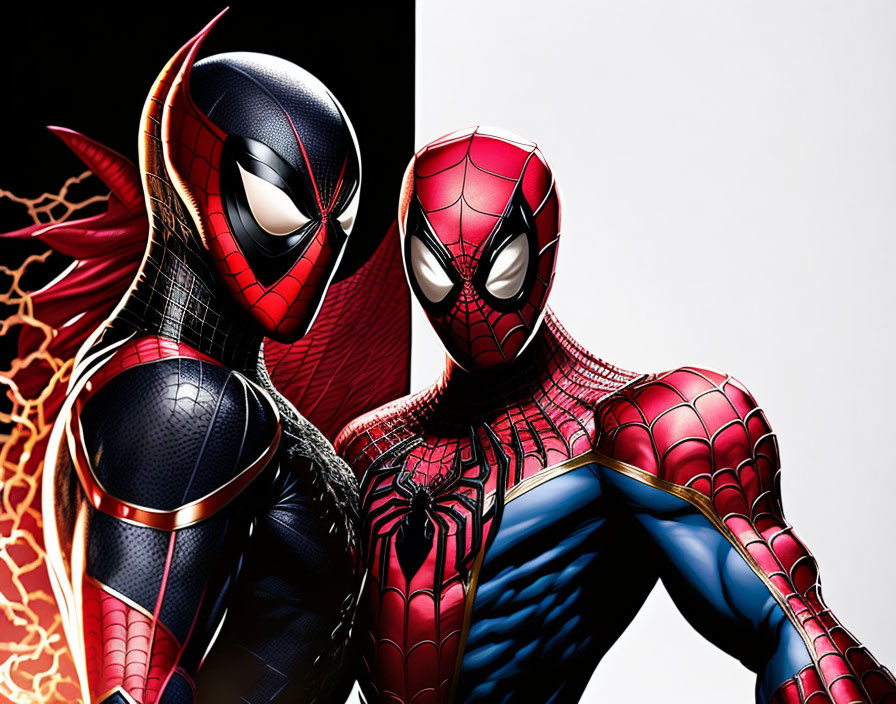 Spider-Man characters in black and red and red and blue suits on split background