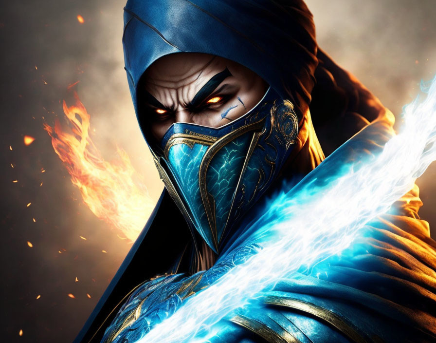 Masked warrior with blue lightning and fiery backdrop