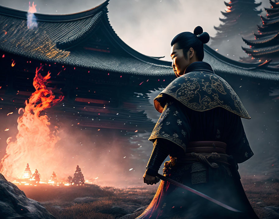 Traditional armored warrior observes fire dragon at temple during dusk