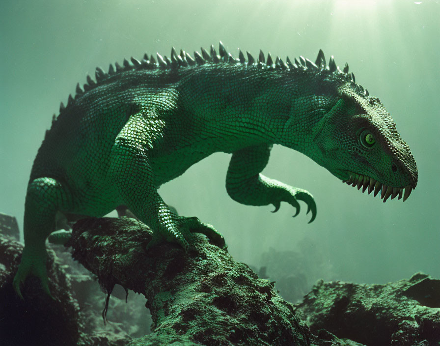 Green iguana perched on tree branch under ethereal light