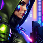 Futuristic woman in hooded outfit with cybernetic glove in neon-lit setting