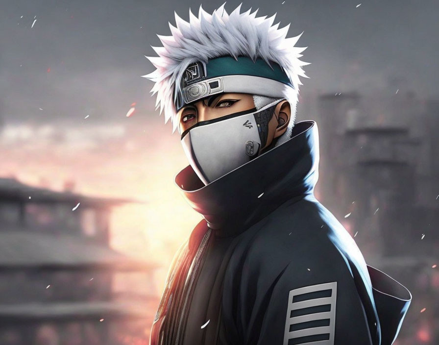 Spiky white-haired character with headband and mask in cityscape with embers.