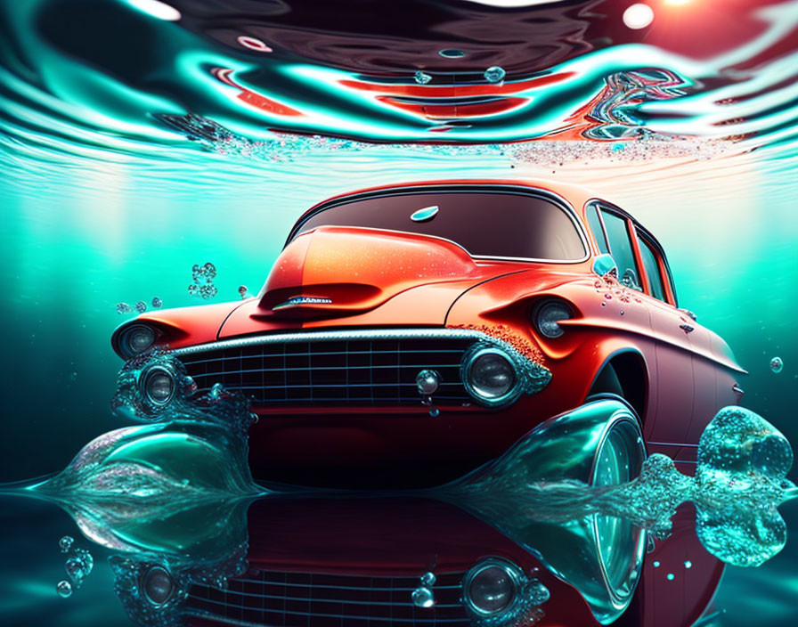 Vintage Red Car Submerged in Water with Bubbles and Ripple Effects